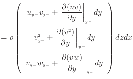 $\displaystyle = \rho \left( \begin{array}{c} u_{y -}v_{y -}+ \left. \dfrac{\par...
...c{\partial (v w)}{\partial y} \right\vert _ {{y -}} dy \end{array} \right) dzdx$