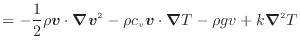 $\displaystyle = - \dfrac{1}{2} \rho \bm{v} \cdot \bm{\nabla} \bm{v}^2 - \rho c_v \bm{v} \cdot \bm{\nabla} T - \rho g v + k \bm{\nabla}^2 T$