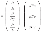 $\displaystyle = \left( \begin{array}{c} \dfrac{\partial }{\partial x} \vspace{....
...rho T u \vspace{.5em}  \rho T v \vspace{.5em}  \rho T w \end{array} \right)$