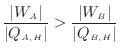 $\displaystyle \frac{ \vert W_A \vert }{ \vert Q_{A, H} \vert } > \frac{ \vert W_B \vert }{ \vert Q_{B, H} \vert }
$