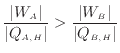 $\displaystyle \frac{ \vert W_A \vert }{ \vert Q_{A, H} \vert } > \frac{ \vert W_B \vert }{ \vert Q_{B, H} \vert }
$