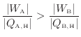 $\displaystyle \frac{ \vert W_\mathrm{A} \vert }{ \vert Q_\mathrm{A, H} \vert } > \frac{ \vert W_\mathrm{B} \vert }{ \vert Q_\mathrm{B, H} \vert }
$