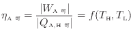 $\displaystyle \eta_\mathrm{A可} = \frac{ \vert W_\mathrm{A 可} \vert }{ \vert Q_\mathrm{A, H 可} \vert } = f(T_\mathrm{H}, T_\mathrm{L})$