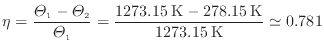 $\displaystyle \eta = \frac{\varTheta_\mathrm{1} - \varTheta_\mathrm{2}}{\varThe...
...frac{1273.15 \: {\rm K} - 278.15 \: {\rm K}}{1273.15 \: {\rm K}} \simeq 0.781
$